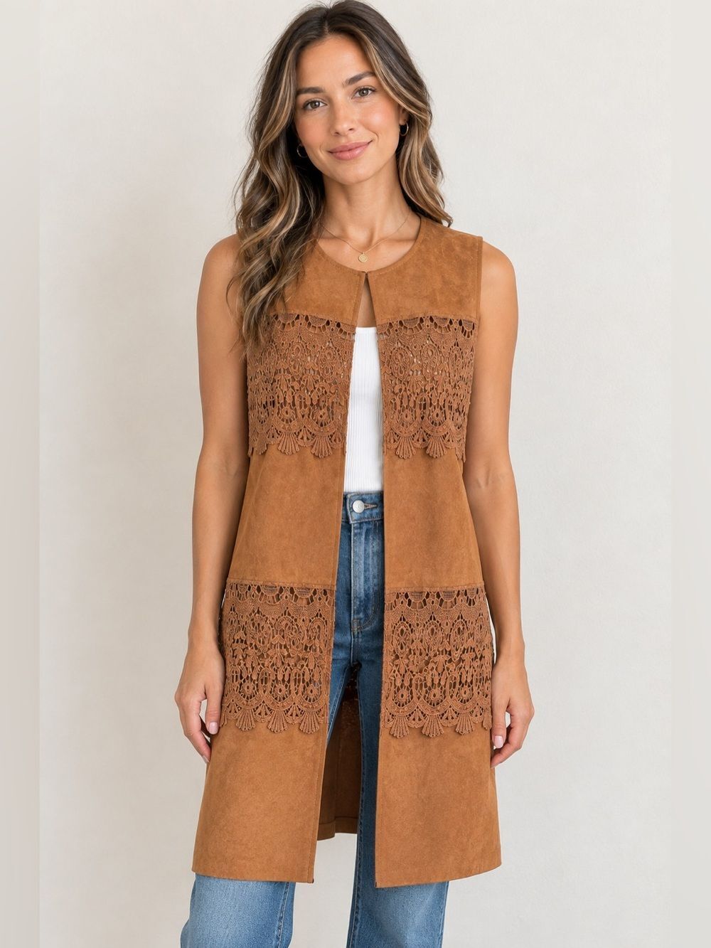 Colleen Lopez Tan Faux Suede Long Vest Size Medium Open Front Coachella Western